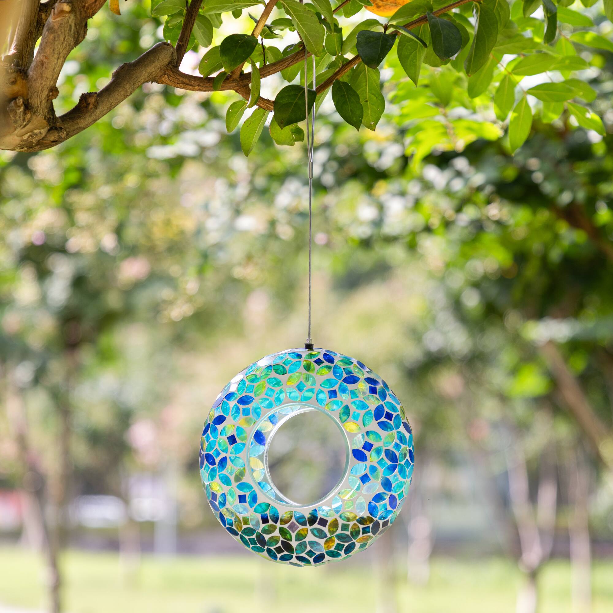 Glitzhome® 8" Glass Round Hanging Blue & Green Mosaic Birdfeeder